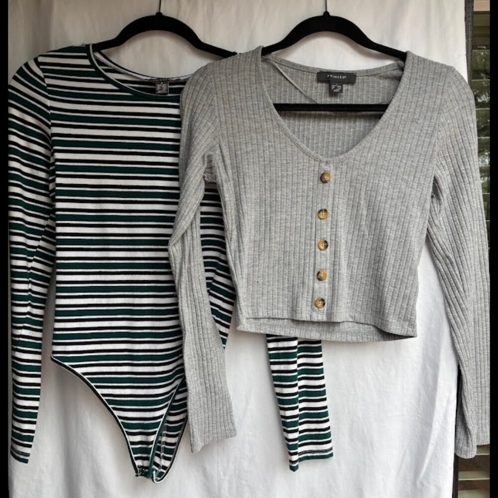 Primark Euro Girl Long Sleeve Duo — Striped Cotton Bodysuit + Grey Ribbed Crop